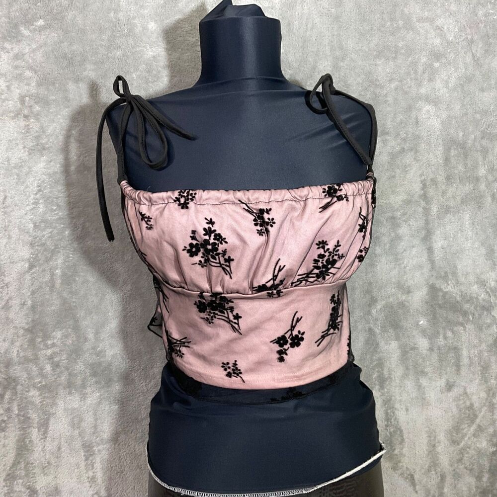 Pink black Embroidered Mesh Cropped Top by ROMWE size M Fairy Grunge milk maid